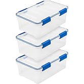 IRIS USA 3-Pack 16 Qt Storage Bins with Gasket Lids, Clear/Blue | WeatherPro seal protects shoes, crafts, documents and supplies from dust and moisture