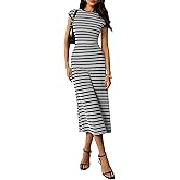 PRETTYGARDEN Women's 2026 Summer Bodycon Midi Dress Casual Striped Cap Sleeve Party Wedding Guest Dresses Vacation Outfits