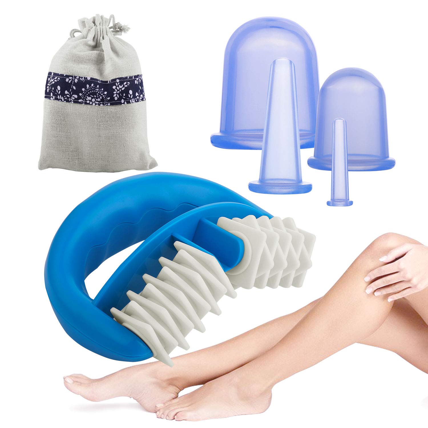 GuKKK Cupping Therapy Cellulite Massage Roller and Cupping Cup Set Flexible Silicon Massage Kit with Gift Bag for Treatment of Legs and Body (Blue)