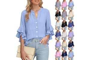 Womens Dressy Work Shirts Cotton Linen Blouses 3/4 Ruffle Sleeve Tops Casual V Neck Tunic Tshirt for Going Out Wear