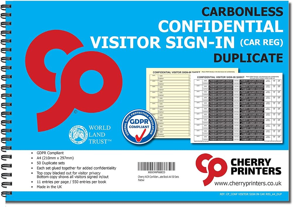 Cherry Printers GDPR Confidental Visitor Sign In Book A4 50 Sets