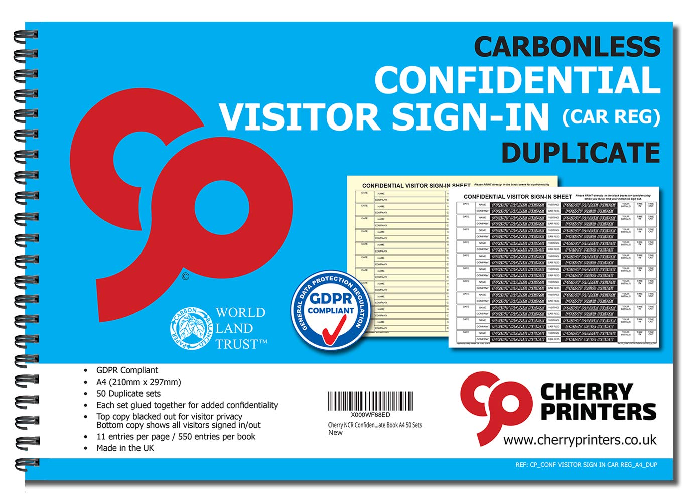 Cherry Carbonless NCR GDPR Compliant Confidential Visitor Sign with CAR REG in Duplicate Wiro Book A4 50 Sets