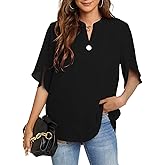 FUNLINGO Women's Summer Tops Short Sleeve Casual Shirts V Neck Chiffon Dressy Blouse Tops