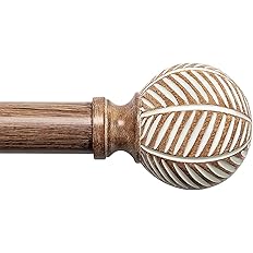 Wood Curtain Rods for Windows: 1 Inch Diameter Adjustable Drapery Rods 28" to 48", Decorative Window Curtain Rods with Imitation Wood Grain Leaf Pattern Finials,Heavy Duty Single Curtain Rods for