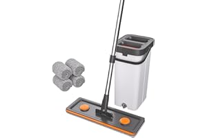 O-MART Mop & Bucket Set, Hands Free Flat Wet Dry Mop with Wringer, Separates Dirty & Clean Water, 360° Rotating, Microfiber Pads for Floor & Wall Cleaning(Mop and Bucket Set with 4 Pads)