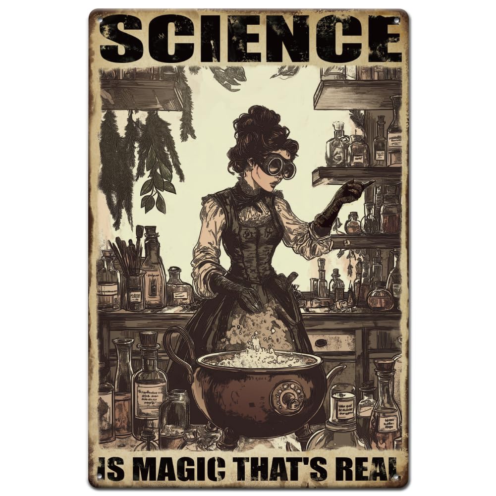 SUPERDANT Polytechnic Girl Tin Sign Science is Magic Metal Tin Sign Experimental Scene Tin Signs Retro Metal Poster Vintage Art Sign for Playroom Bar Cafe Man Cave Wall Decor Plaque Sign