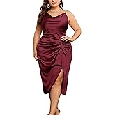 KIMCURVY Women's Plus Size Satin Dress Ruched Spaghetti Strap Cowl Neck Midi Party Cami Dress for Cocktail Party