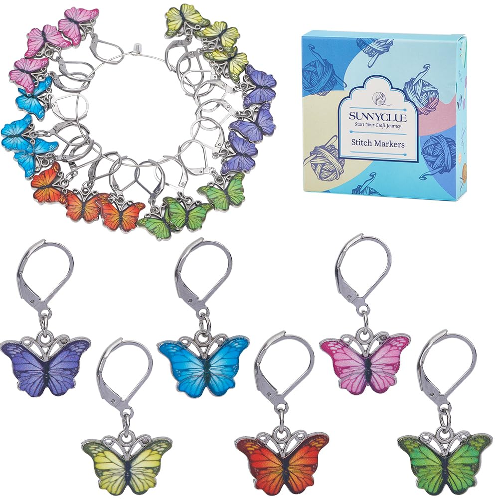 SUNNYCLUE 1 Box 24Pcs Butterfly Stitch Markers Cute Crochet Markers Enamel Planner Charms Removable Leverback Earrings Hooks Knit Stitch Marker Charm for Crocheting Knitting jewellery Making Supplies