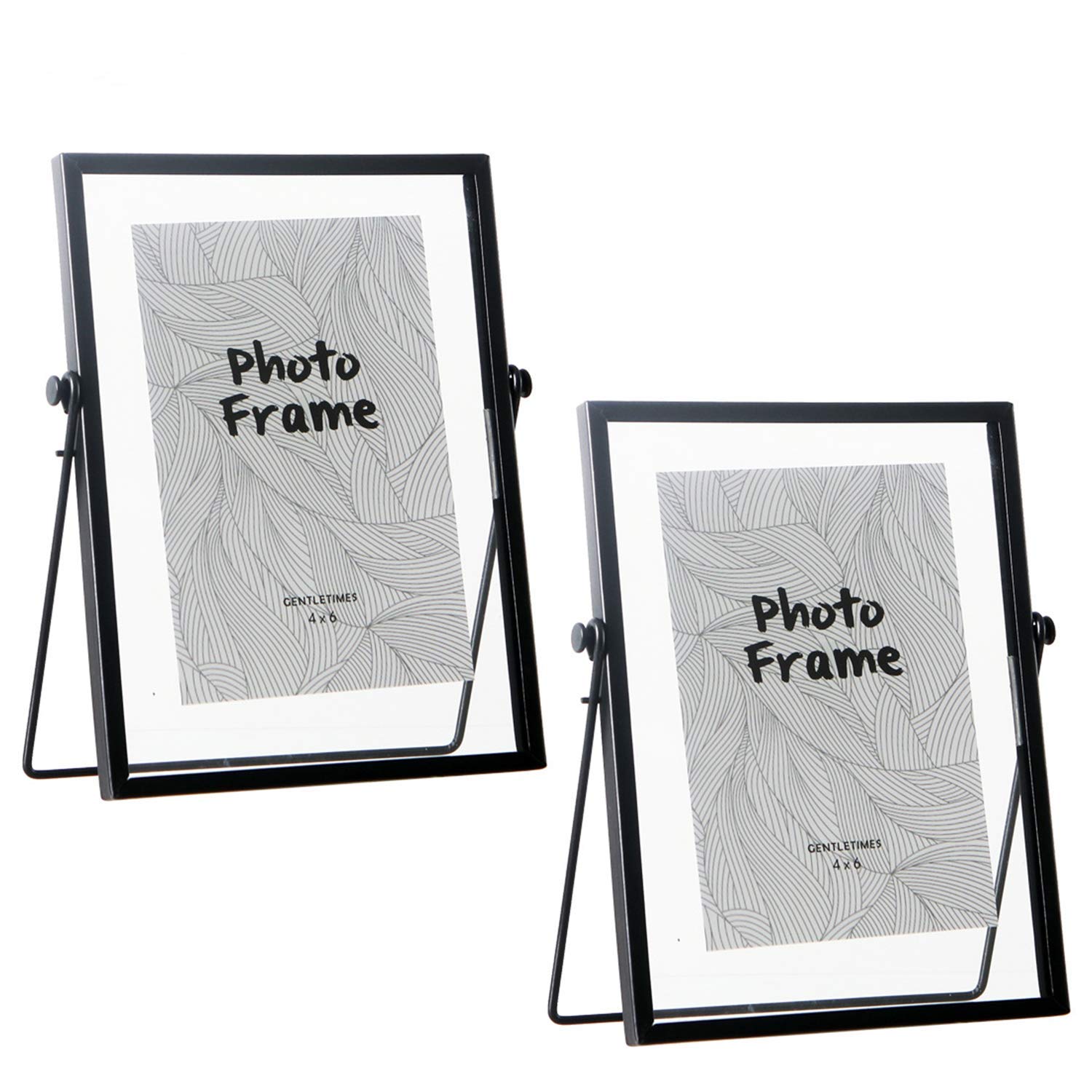 2 Pack 4x6 Metal Floating Glass Picture Frame with Easel (Vertical), 6x4 Glass Photo Frame Metal Geometric Picture Frame For Photos, Art, Tabletop Display (Black)