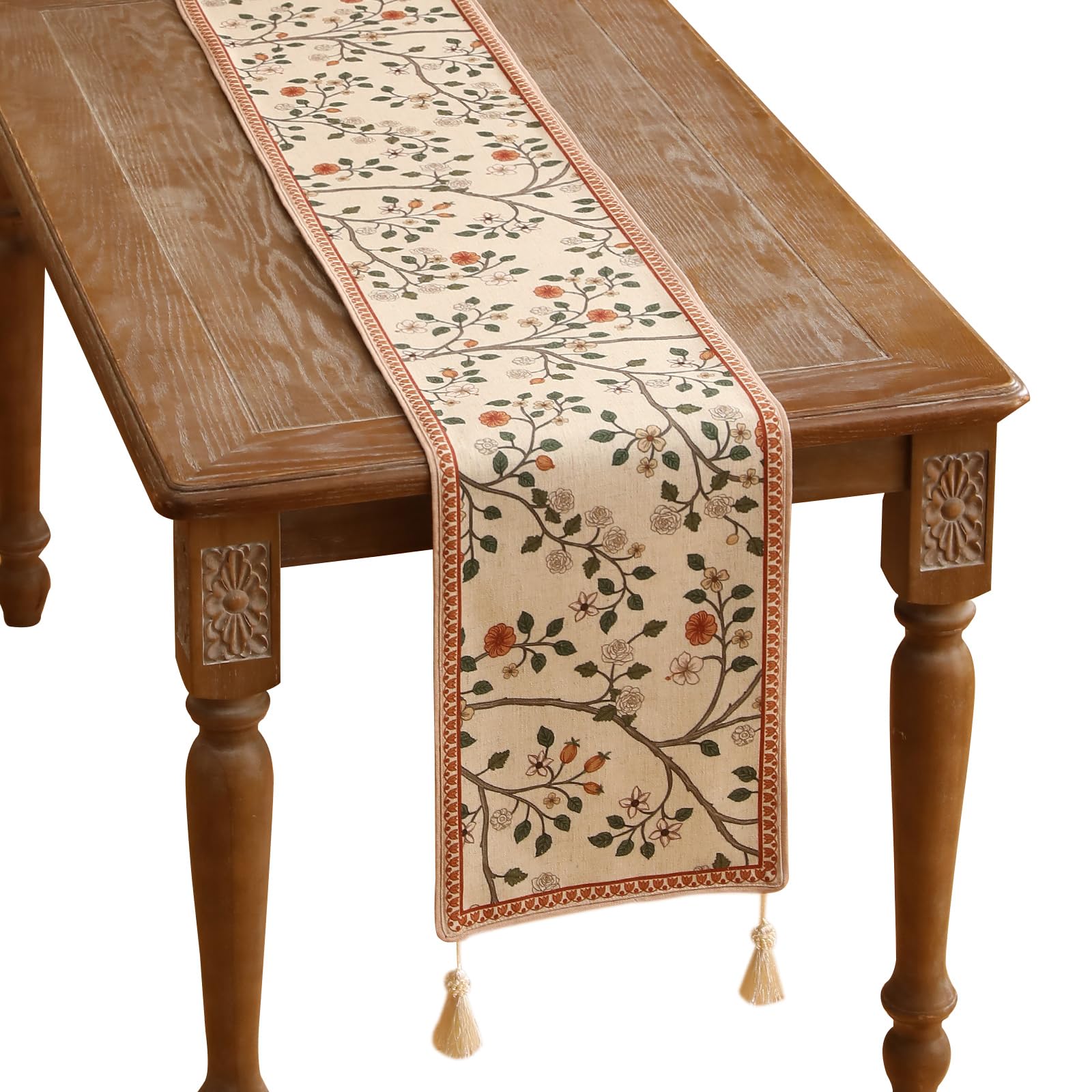 Photo 1 of ISAENNE Designer Elegant Linen Floral Table Runner 87 Inches Long,Farmhouse Light Beige Durable Decor Table Runners for Dining Tables,Thanksgiving,Kitchen Tables,Christmas,12"*87"-Flora A