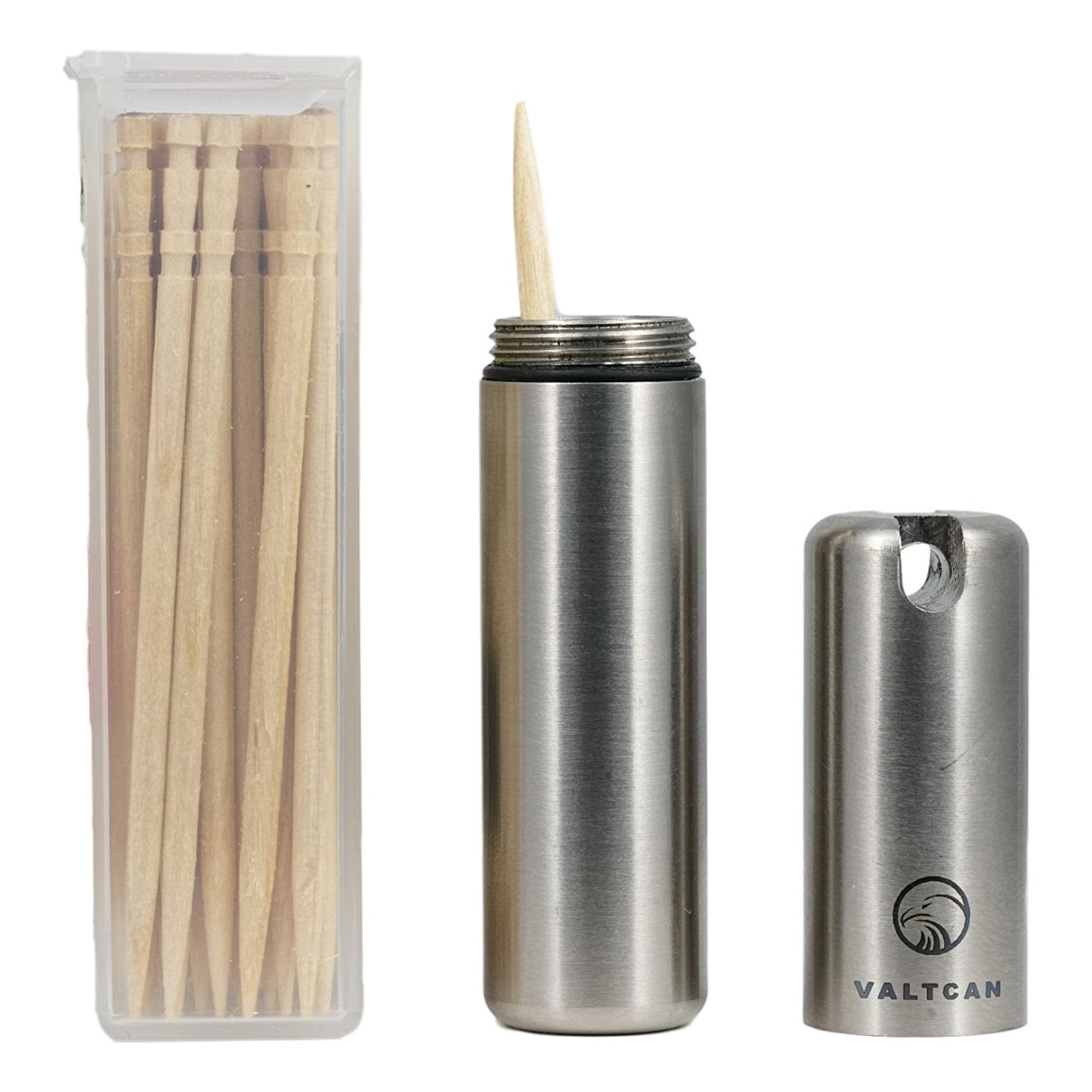 Valtcan Pure Titanium Polished Finish Toothpick Holder - For Single Sided Toothpicks - Pill Canister with Waterproof Airtight Seal Carry Everyday with Keyring hole