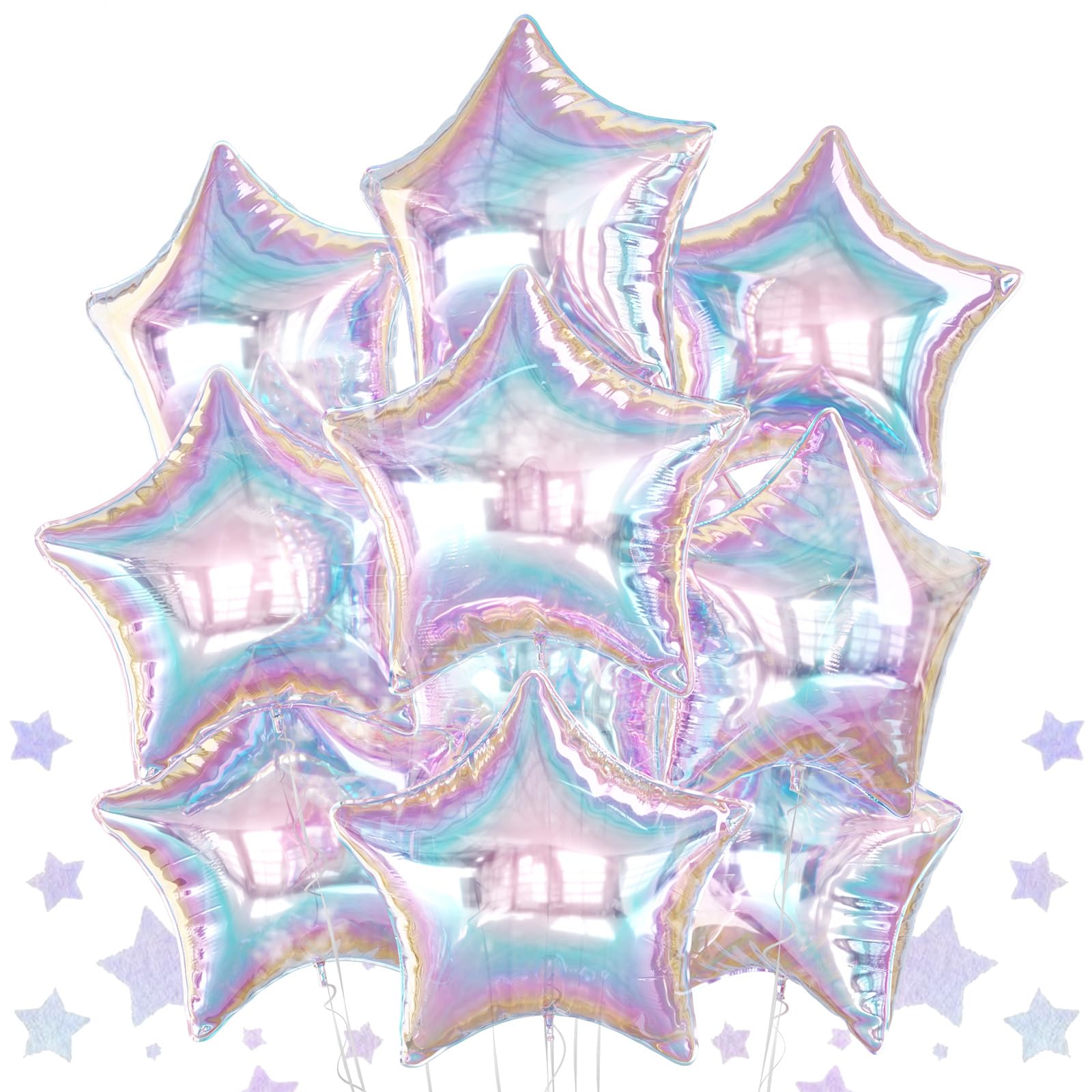Photo 1 of 10PCS Iridescent Laser Star Foil Balloons, Transparent Laser Foil Stars Shape Balloons, 18 Inch Colorful Stars Balloon Aluminum for Helium for Birthday, Baby Shower, Wedding Party Decoration
