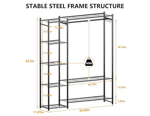 WARDROBE CLOSET,PORTABLE CLOTHES RACK WITH 4 TIERS SHELVES,FREESTANDING CLOSET ORGANIZERS AND STORAGE SYSTEM WITH HANGING RODS,STEEL CLOTHING RACK SUITABLE FOR CLOAKROOMS,BEDROOMS,ENTRANCES,ETC.BLACK