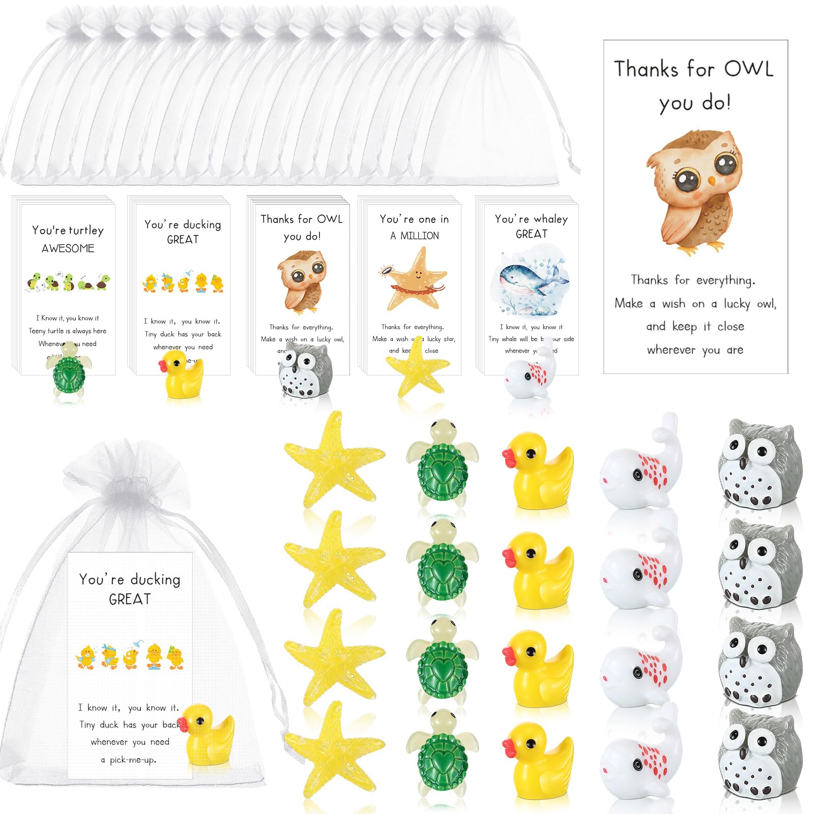 Syhood 30 Sets Thank You Inspirational Gifts Animal Ornaments Bulk Starfish Turtle Duck Whale Owl Thank You Card Organza Bags Employee Appreciation Gift for Christmas Teacher Graduation Staff Coworker