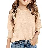 Haloumoning Girls' 3/4 Sleeve T Shirts Summer Cute Crewneck Basic Tees Ruffle Casual Blouse for 5-14Y