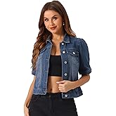 Allegra K Casual Jean Jacket for Women's Short Puff Sleeves Button-Down Denim Jacket
