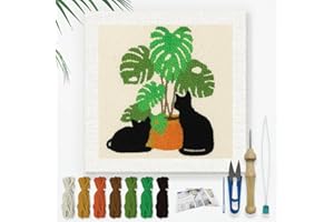 Doodlream Cat Monstera DIY Punch Needle Embroidery Kit for Adult Beginner, 9.4" Black Cat Potted Plant Punch Stitching Craft 