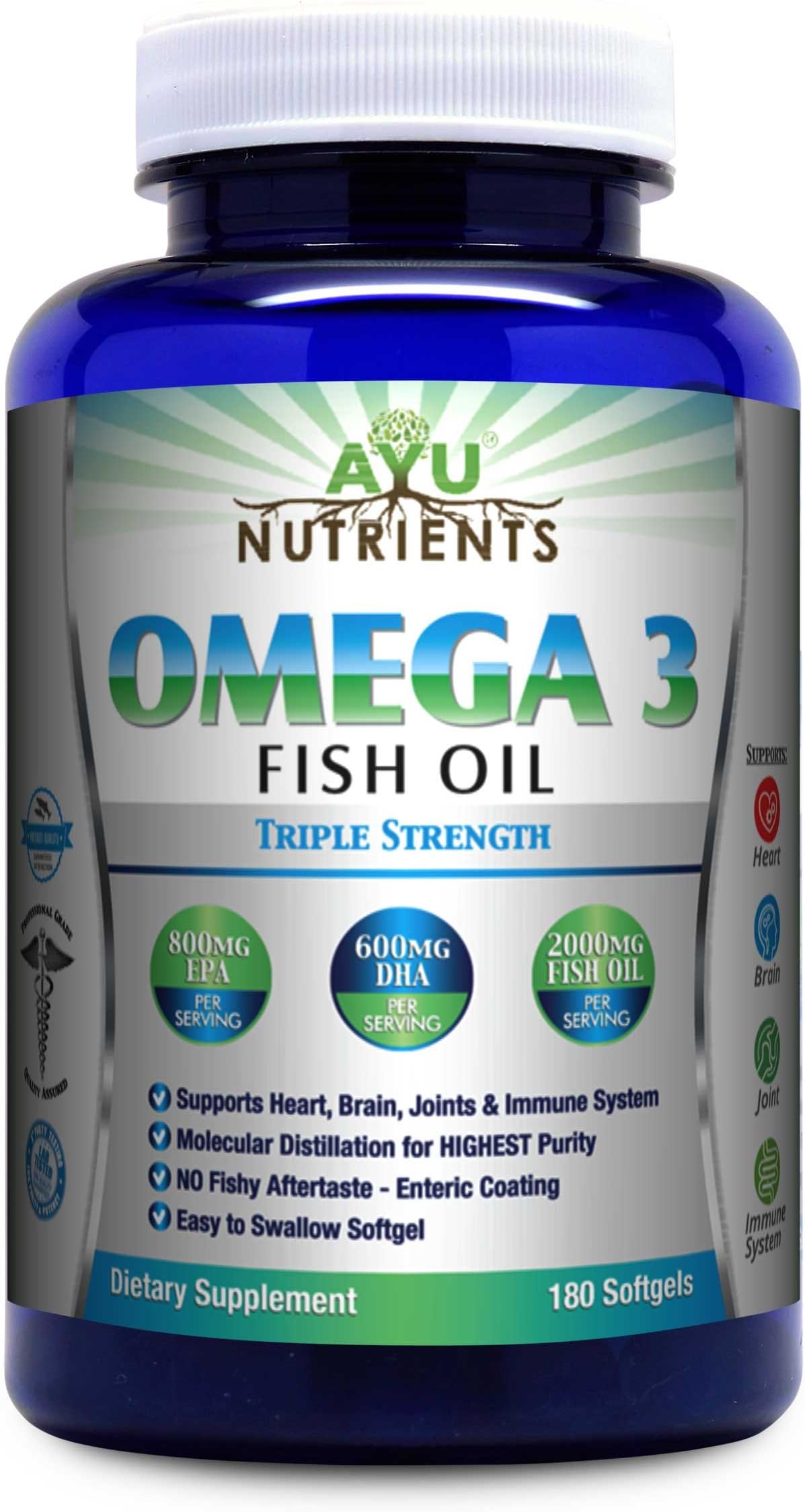 Omega 3 Fish Oil Triple Strength 100% Pure Sea Harvested Fish Oil /Natural Essential Fatty Acids - High EPA (800 mg) High DHA (600mg)! 60/120/180 Softgels (120)
