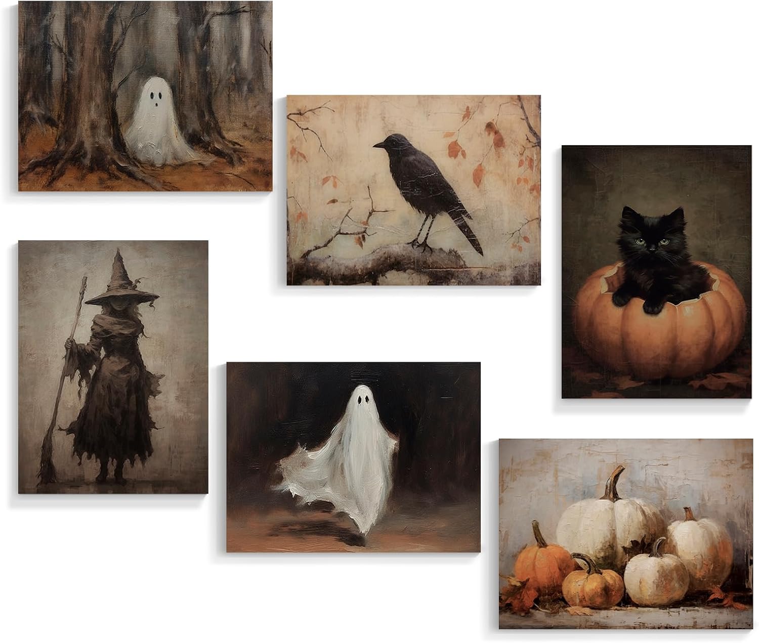Wall Décor - Xianyojafa Vintage Halloween Canvas Wall Art, Retro Black Cat Pumpkin Poster 6 Piece 8x10in, Victorian Raven Ashland Witch Picture Print, Creepy Spooky Ghost Dark Academia Wall Decor Unframed