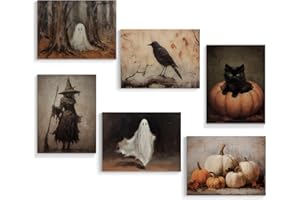 Xianyojafa Vintage Halloween Canvas Wall Art, Retro Black Cat Pumpkin Poster 6 Piece 8x10in, Victorian Raven Ashland Witch Picture Print, Creepy Spooky Ghost Dark Academia Wall Decor Unframed