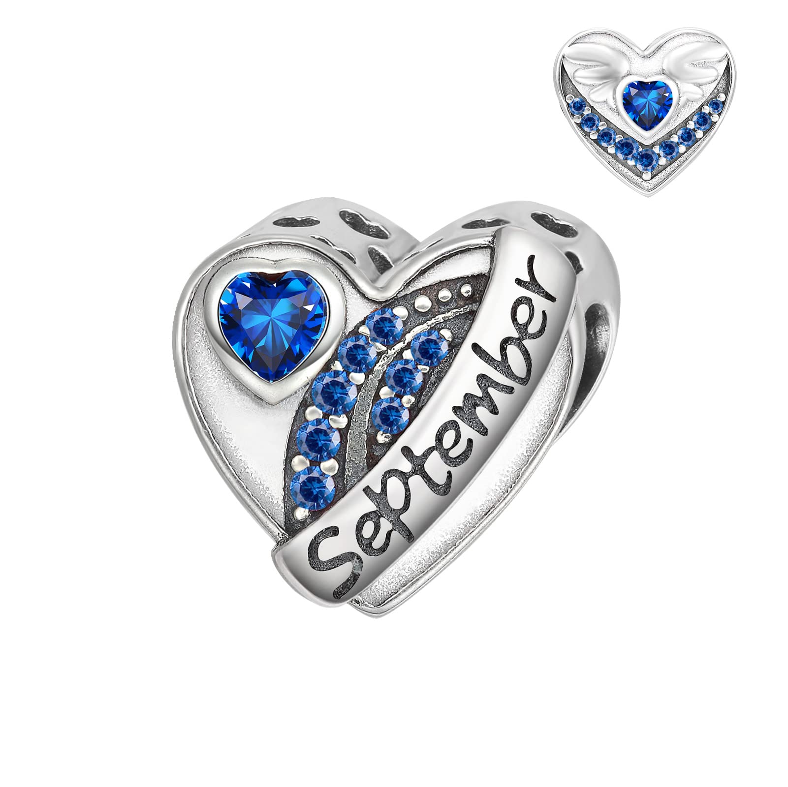 Qings September Birthstone Charms for Bracelet Sterling Silver 925 Love Heart Sapphire Birth Stone Angle Wing Cubic Zirconia Bead Charm Fit for Bracelets Necklace Birthday Christmas Jewellery Gifts