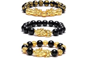 SOOWOOT 3Pcs Feng Shui Black Obsidian Bracelets Set - Good Luck Amulet Dragon Lucky Charm Bracelets Pi Xiu Pi Yao Attract Lucky Wealthy bracelets for women men