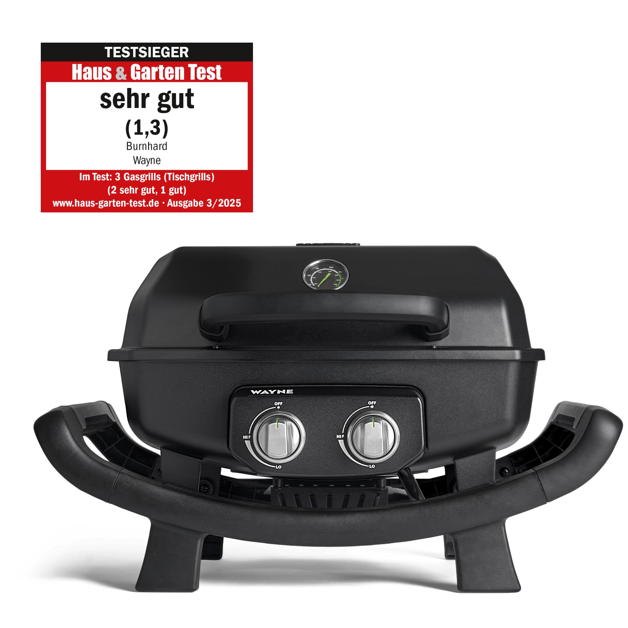 BURNHARD® 2-Brenner Gasgrill WAYNE 4,4 kW – Tragbarer Balkongrill - Tischgasgrill klein mit Aludruckguss Brennkammer inkl. Abdeckhaube - Gusseisen Grillrost 2