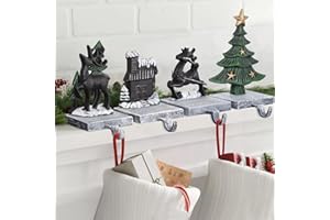 TECANA 3D Christmas Stocking Holders for Mantle Set 4 - Heavy Duty Cast Iron Stocking Hangers for Mantel | Christmas Tree Reindeer Stocking Hooks | Cottage-Shaped Fireplace Stocking Holders