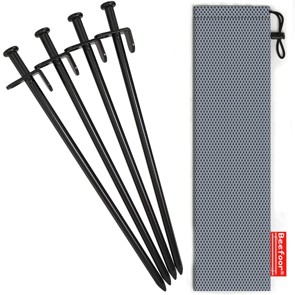 Beefoor 12-Inch Tent Stakes, Heavy Duty Camping Stakes, Forged Steel Tent Pegs Unbreakable and Inflexible, Available in Rocky Place Dessert Snowfield and Grassland (Black) (12in-4parks)