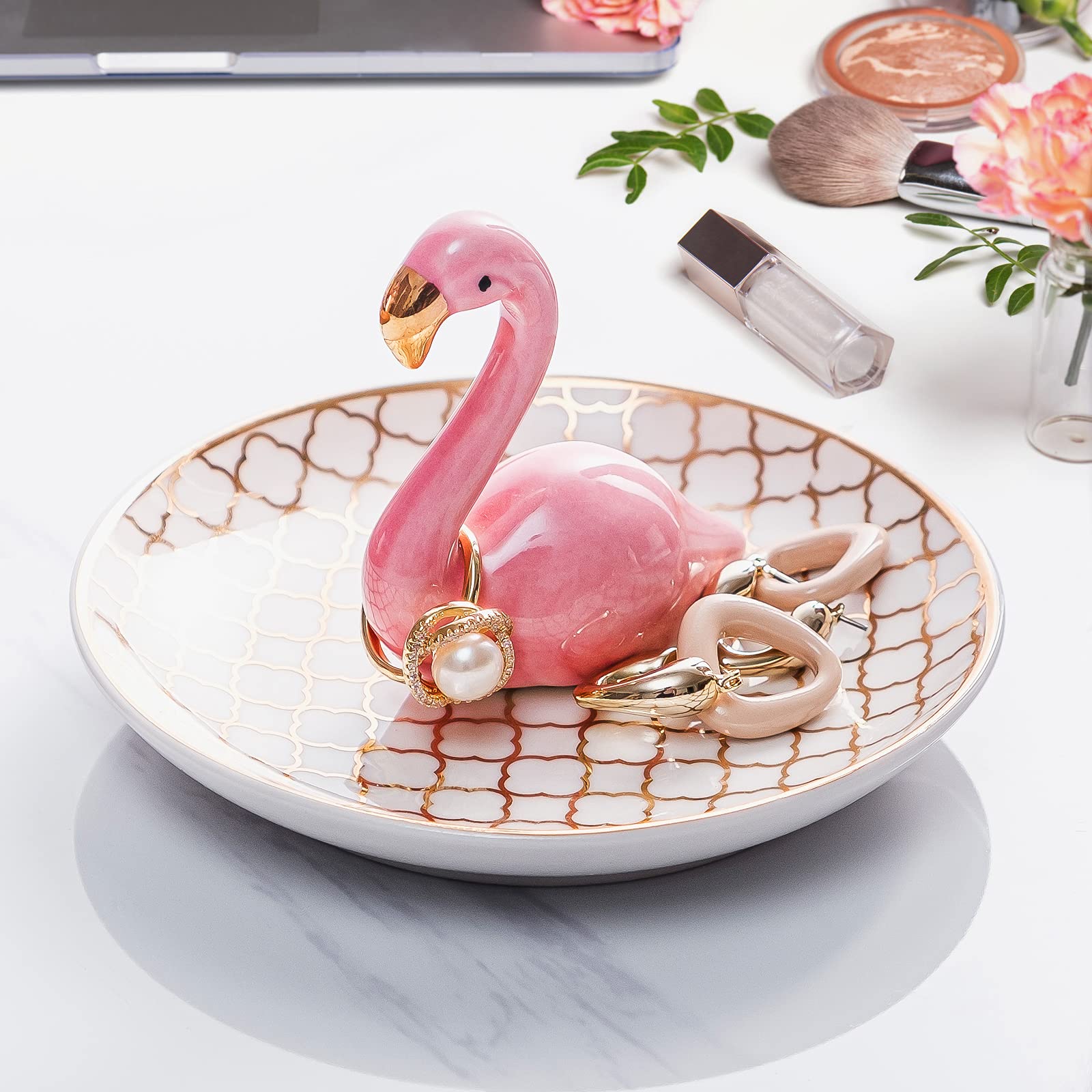 PUDDING CABIN Flamingo Ring Holder for Jewelry Trinket Tray Flamingo Gifts for Women Girls Friend Her Mom Christmas Thanksgiving Gifts Birthday Mothers Day Valentines Gifts Flamingo Decor