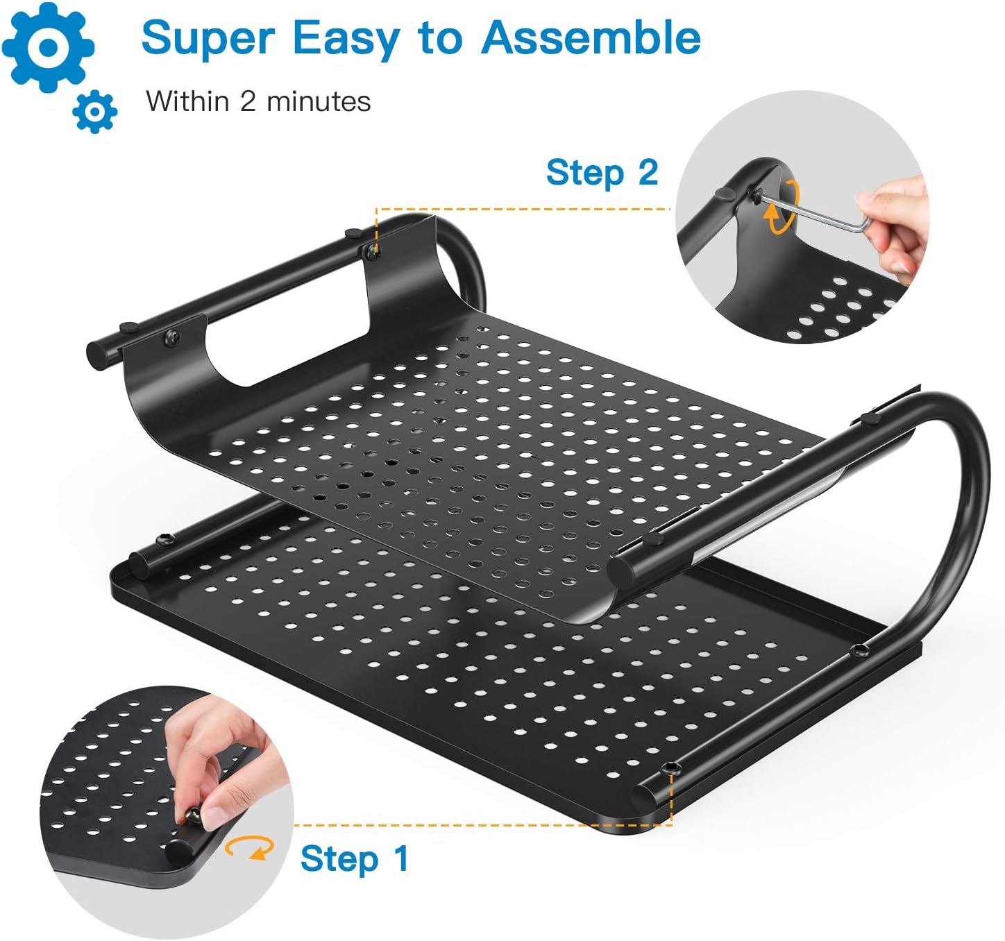 Monitor Stand Riser with Vented Metal Base, 2 Tier Desk Organizer Stand for Laptop Computer, Desktop Printer Stand with Anti-Slip Pads Holds 44lbs, Versatile as Storage Shelf & Screen Holder by HUANUO : Office Products