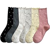 Heran Women’s Polka Dot Ruffle Socks, 6 Pairs Cute Ankle Spring Socks for Women, Fashion Frilly Knit Crew Girly Stockings, Woman Cotton Lettuce Edge Dress Stockings for Girls Teens Adults, All Seasons