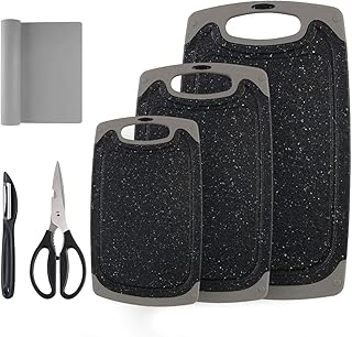 Vicloon Schneidbretter, Set 6-teilig Kunststoff Schneidebrett mit rutschfeste Matte, Sparschäler und Küchenschere, 3 Größen Kann Schneidebretter mit Saftrillen und rutschfeste Griffe - Schwarz