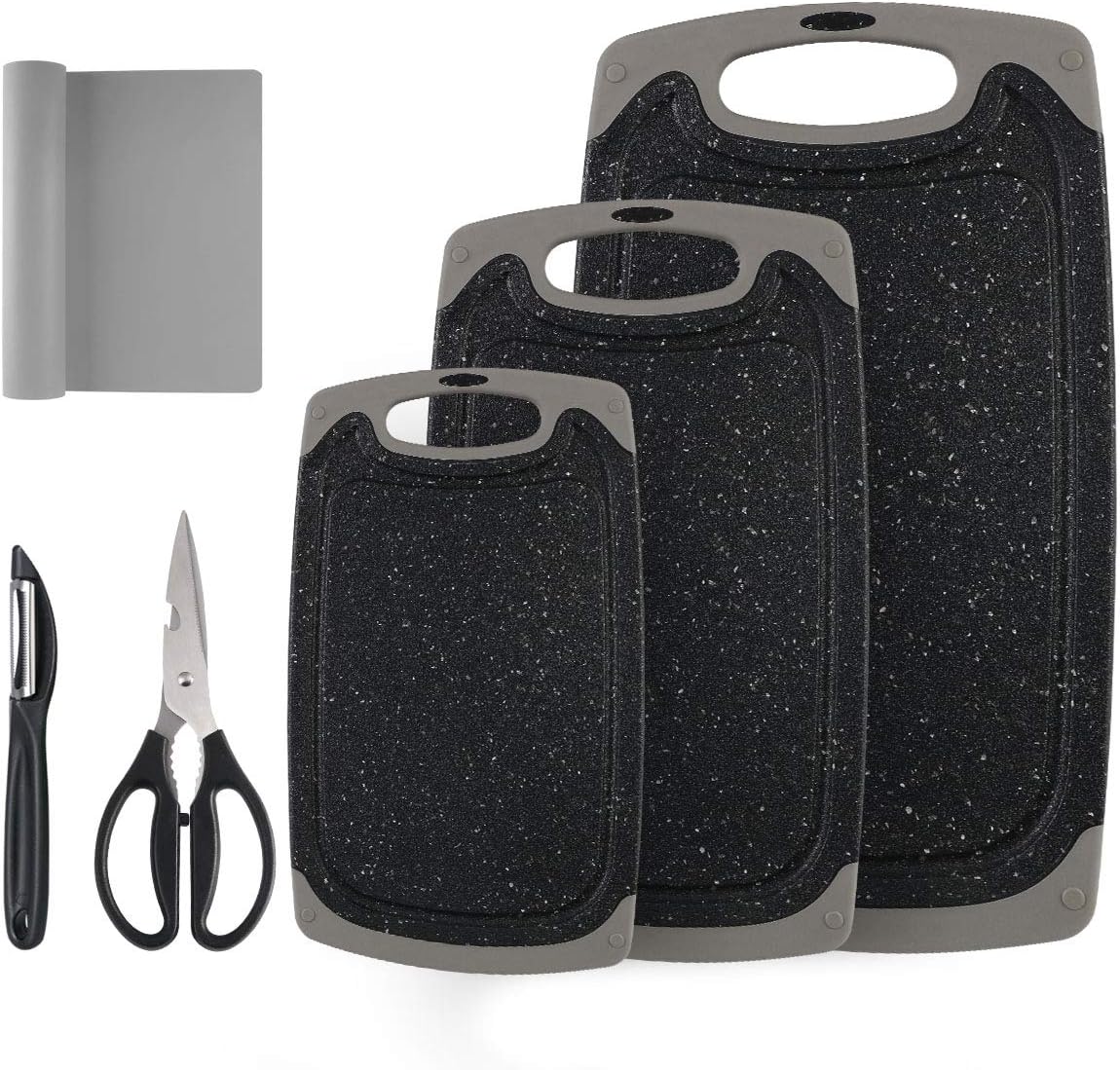 Vicloon Schneidbretter, Set 6-teilig Kunststoff Schneidebrett mit rutschfeste Matte, Sparschäler und Küchenschere, 3 Größen Kann Schneidebretter mit Saftrillen und rutschfeste Griffe - Schwarz