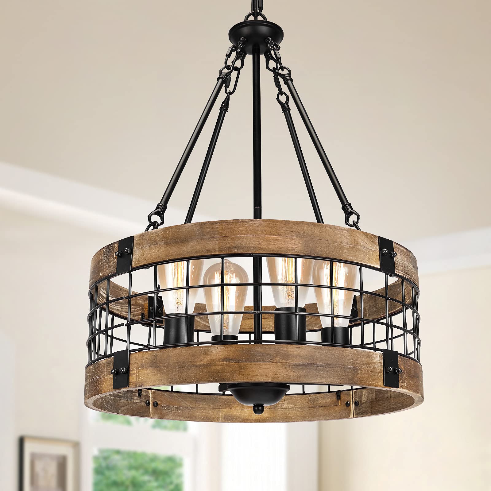 Photo 1 of 4-Light Rustic Chandelier for Entryway, Round Farmhouse Light Fixtures for Dining Room, Industrial Drum Hanging Pendant Lighting for Kitchen Island, Nature Wood Texture and Black Metal Finish