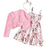 HINTINA Toddler Girl Strap Smocked Tired Dress And Long Sleeve Ruffle Cardigan 2 Piece Outfits
