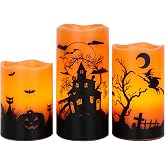 Wondise Halloween Flickering Flameless Candles with 6 Hour Timer, Battery Operated LED Real Wax Candles Set of 3 Halloween Home Decoration Gifts(3 x 4 5 6 Inch)