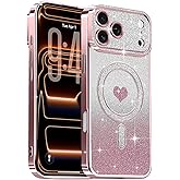 Lafunda Magnetic for iPhone 17 Pro Case Glitter, Cute Love Heart Plating Luxury Sparkle Bling Clear Cover for Women Girls Slim Silicone Camera Protection Shockproof Phone Case for iPhone 17 Pro, Pink