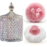 Luxury 4.2 Inch Glass Powder Container with 2 Plush Puffs｜Non-Sealed Organizer for Body Powder&Makeup｜Setting Powder Applicator w/Loose Powder Storage(Pointed Cylinder-Dazzling Colors-Large)