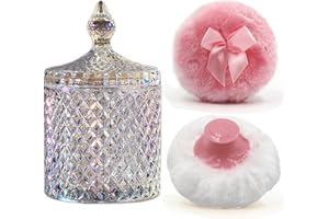 YILUSHENGHUA Luxury 4.2 Inch Glass Powder Container with 2 Plush Puffs｜Non-Sealed Organizer for Body Powder&Makeup｜Setting Powder Applicator w/Loose Powder Storage(Pointed Cylinder-Dazzling Colors-Large)