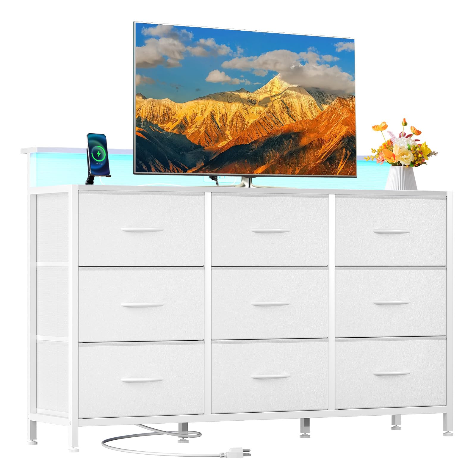 DUMOS TV Stand Dresser with 9 Fabric Drawers and Open Shelves, Entertainment Center with LED Lights, Charging Station for Bedroom, Wood Top Media Console for 45-55 inch TV Stand with Storage, White Image