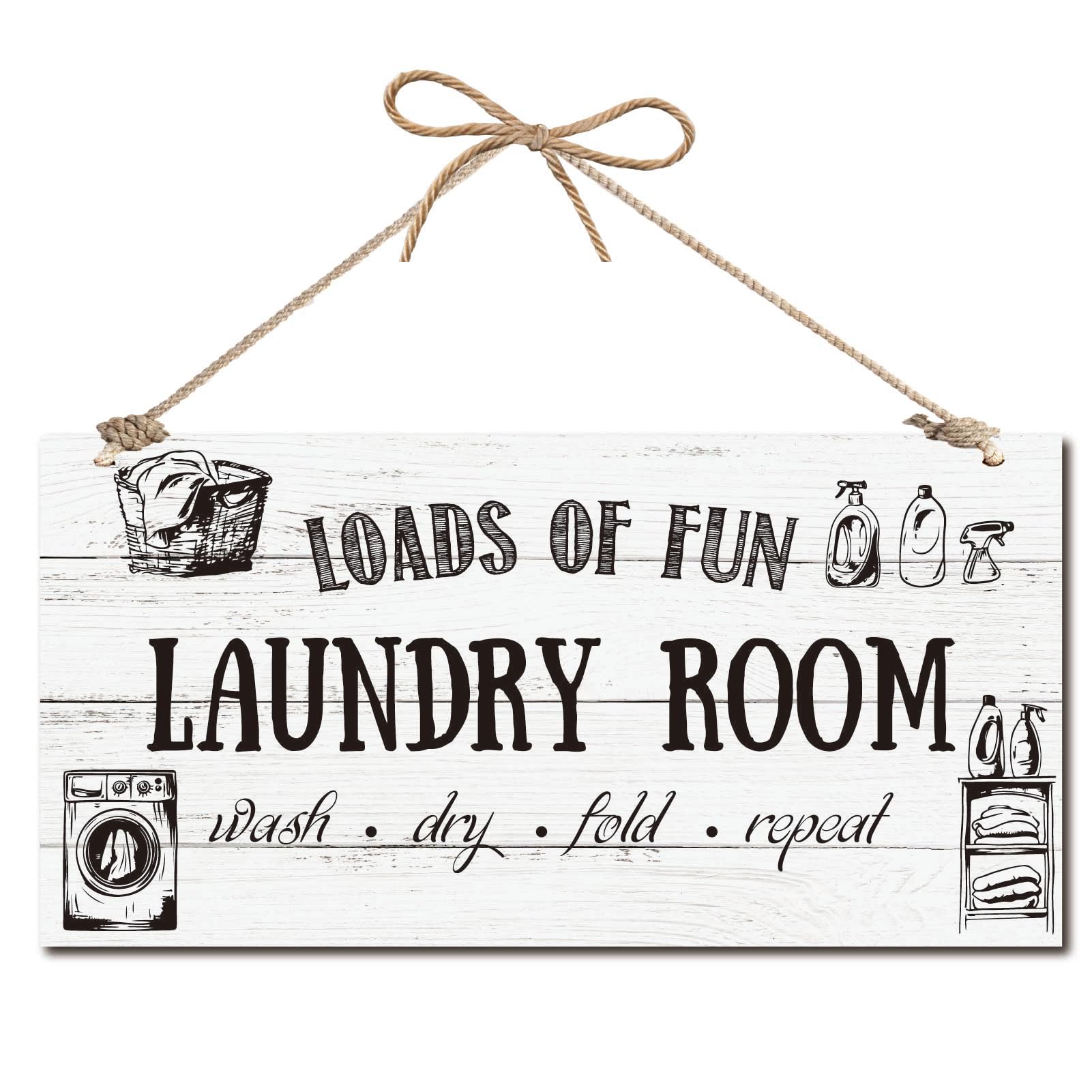 CREATCABIN Laundry Wood Hanging Sign Laundry Sign for Front Door Decor Wooden Rustic Farmhouse Wall Hanging Plaque Decorative with Twine for Porch Background 12x6Inch-Loads of Fun Room