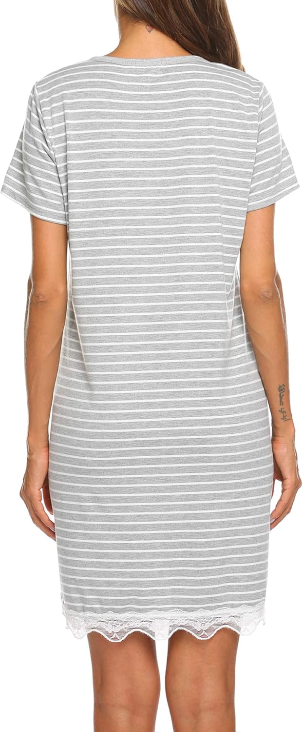 Ekouaer Women's Nightgown Striped Tee Short Sleeve Sleep Nightshirt Breastfeeding Loungewear Button Down Pajama Dress at  Women’s Clothing store