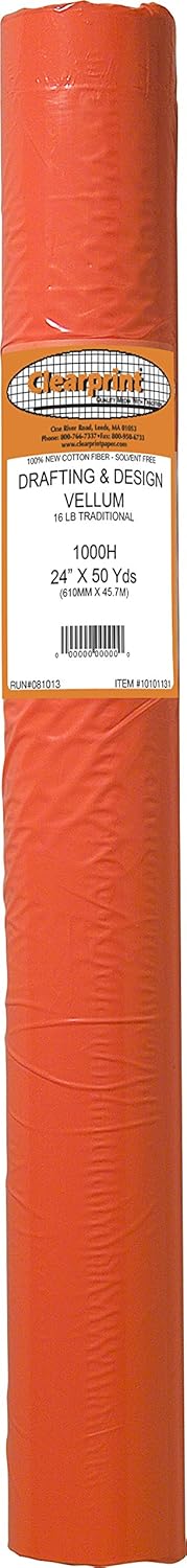 Clearprint 1000H Design Vellum Roll, 16 lb, 100% Cotton, 24 Inches W x 50 Yards Long, Translucent White, 1 Each (10101131)