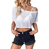 Hilinker Women's Sheer Mesh Crop Tops See Through Off The Shoulder Shirts Short Sleeve Tee