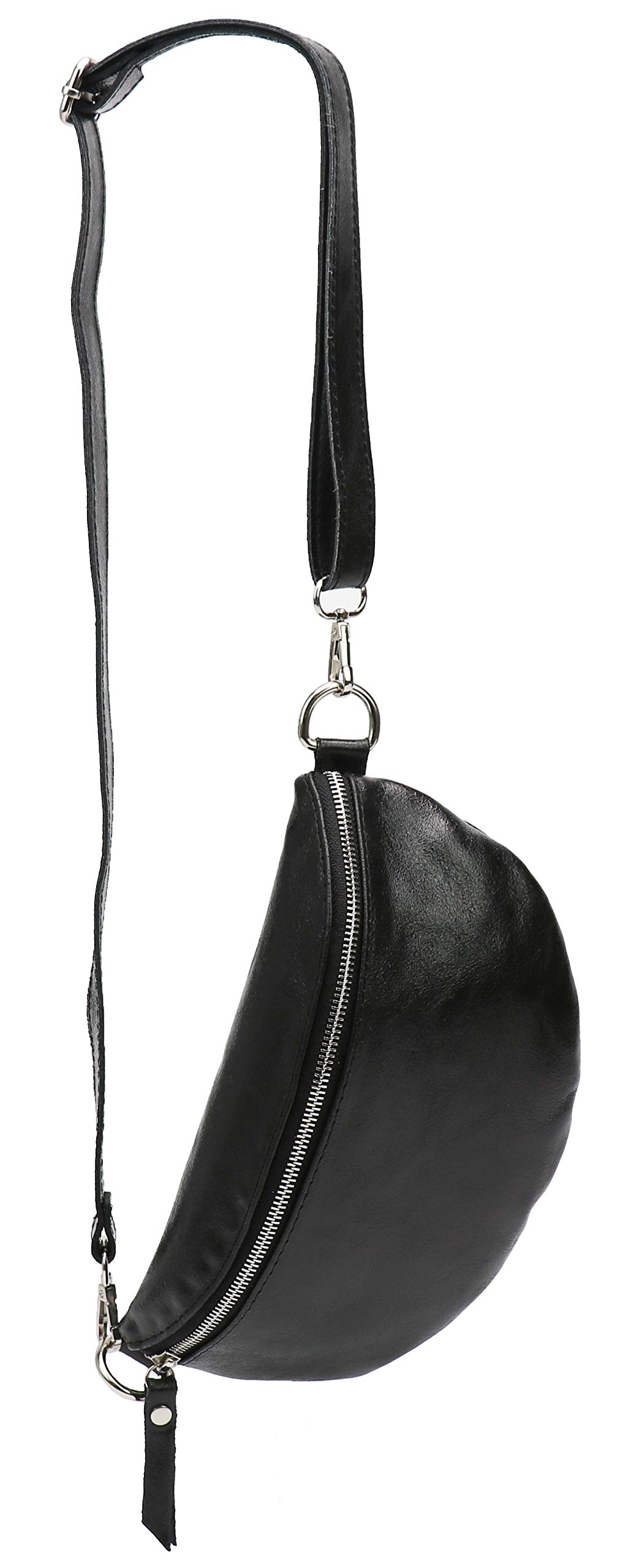SH Leder ® Genuine Leather Waist Bag Women Men Unisex Belt Bag for Festival Travel Bum Bag Medium Crossbody Bag Women Leather Bag 27 x 15 cm Karla G359, metallic black, M