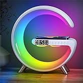 Feknnedm Smart LED Table Lamp, 4-in-1 Wireless Charger, Music Rhythm Ambient Night Light, Alarm Clock, and Bluetooth Speaker with App Control, G-Shaped Lamp for Bedroom, Office and Home Decor (White)