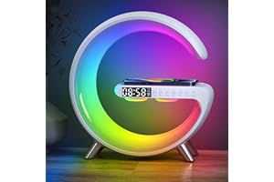 Feknnedm Smart LED Table Lamp, 4-in-1 Wireless Charger, Music Rhythm Ambient Night Light, Alarm Clock, and Bluetooth Speaker with App Control, G-Shaped Lamp for Bedroom, Office and Home Decor (White)