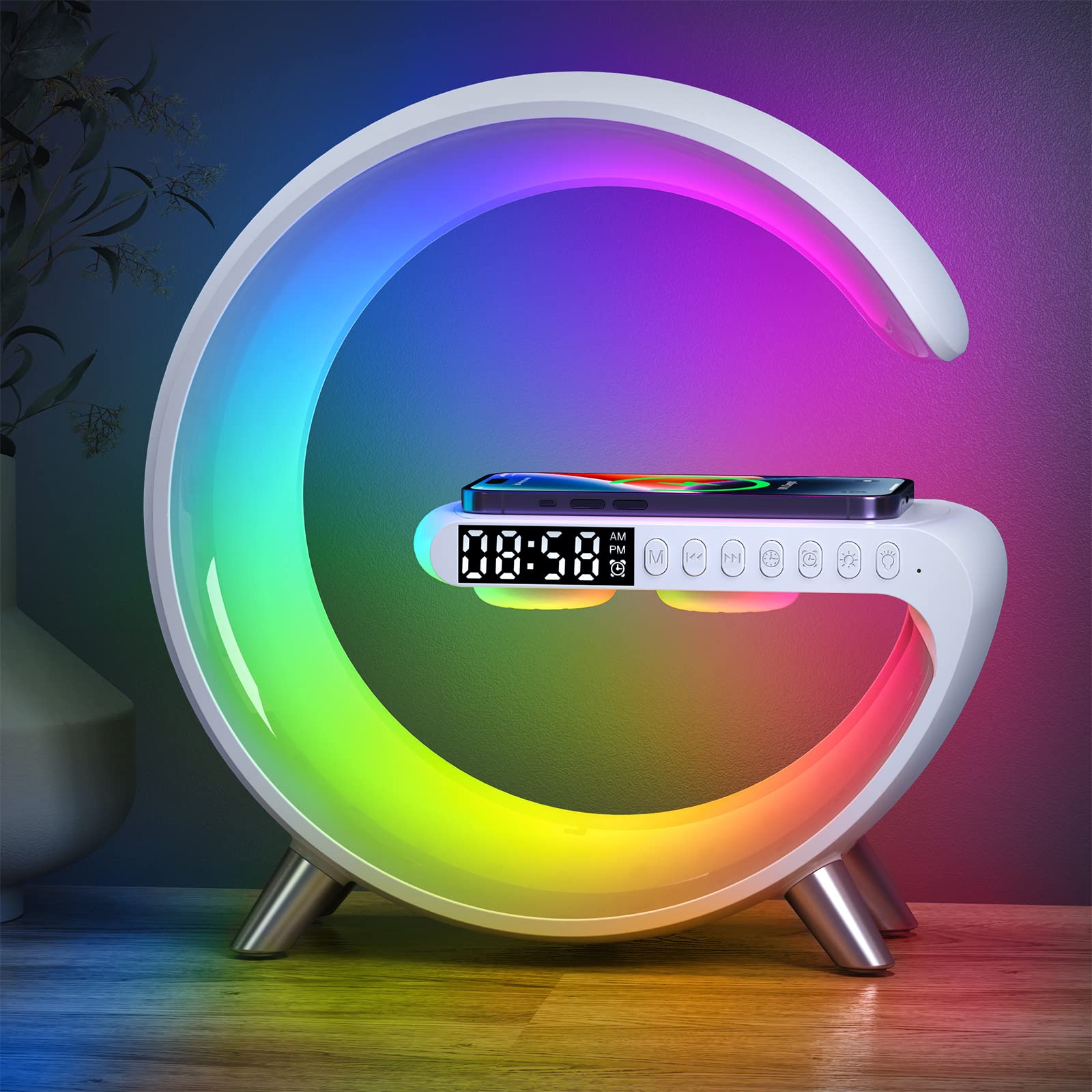Photo 1 of Smart Table Lamp with 4-in-1 Wireless Charger, Night Light, Bluetooth Speaker, Alarm Clock, App Control, Office, Bedroom, Home Decor (White)
