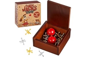 Gejoy 1 Pack Metal Jacks Set with 12 Metal Jacks and 2 Red Rubber Balls in Wooden Box Retro Jackstones Game for Adults Christmas End of Year Family Gatherings Gifts Birthday Party Favors